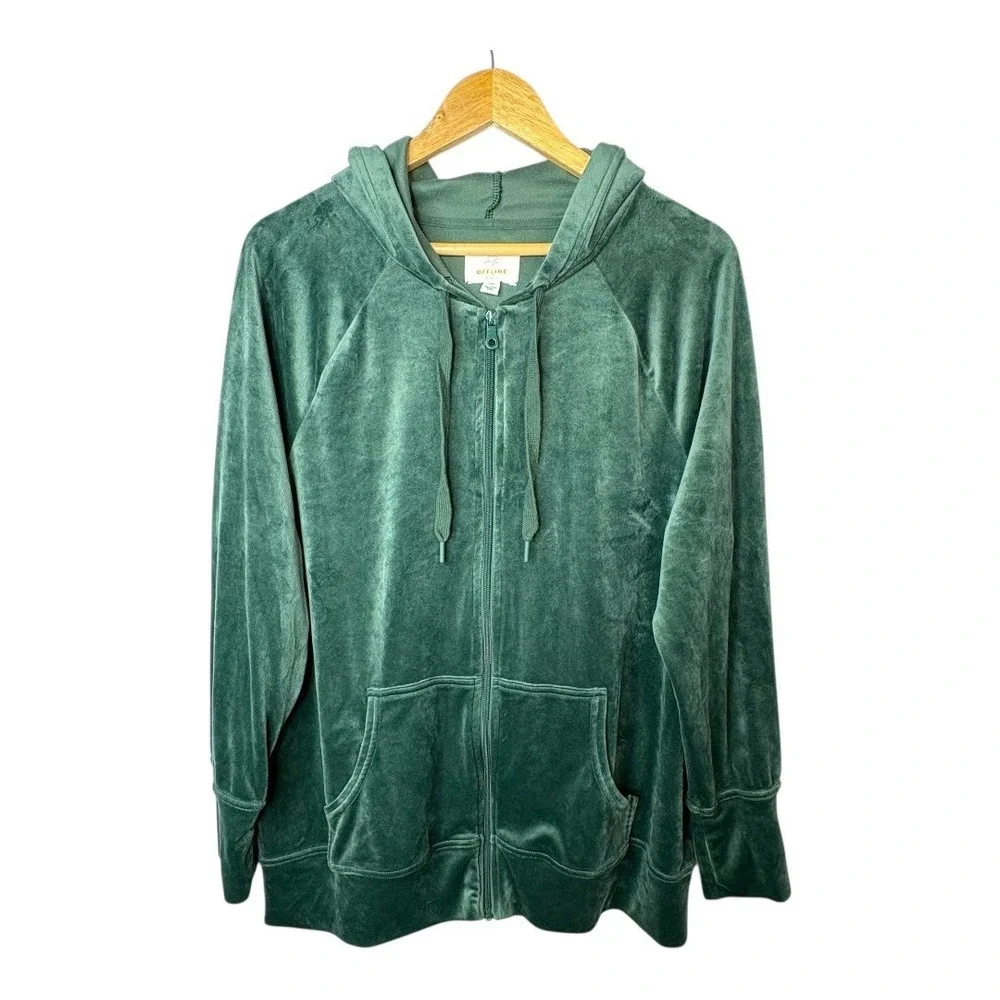 Offline by Aerie Green Velour Zip Up Hoodie Jacket Women Size‎ Medium - Picture 4 of 11